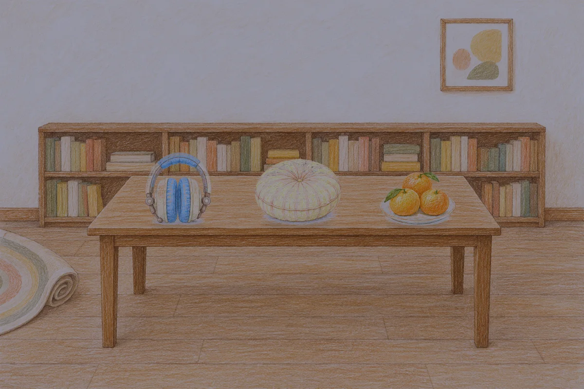 풍납동 여성전용 아로마 마사지 안내 그림, 밤의 서재 긴 책상 위에 놓인 헤드폰, 둥근 쿠션, 귤이 담긴 접시