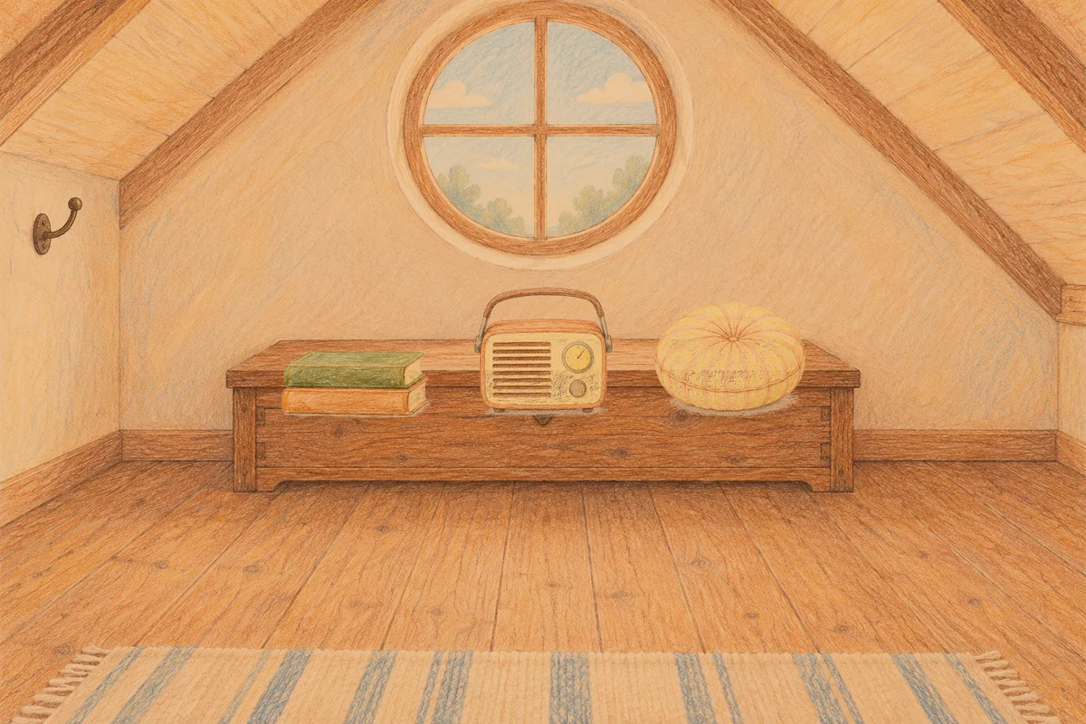 풍납동 여성전용 아로마테라피 안내 그림, 저녁의 다락방 나무 궤짝 위에 놓인 책 두 권, 작은 라디오, 둥근 쿠션