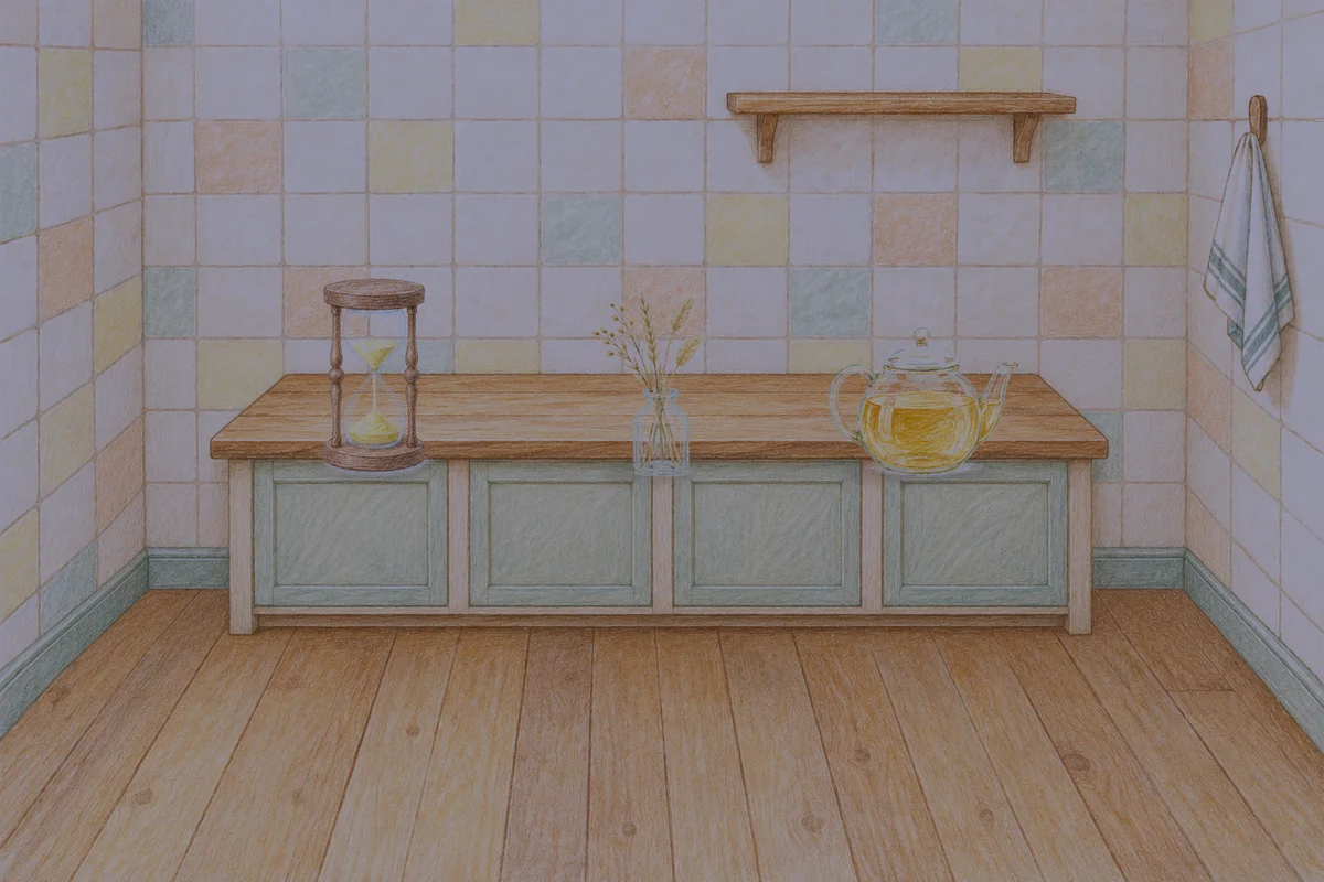 풍납동 여성전용 아로마 마사지 후기 안내 그림, 밤의 부엌 나무 조리대 위에 놓인 모래시계, 마른 풀을 꽂은 항아리, 유리 티포트