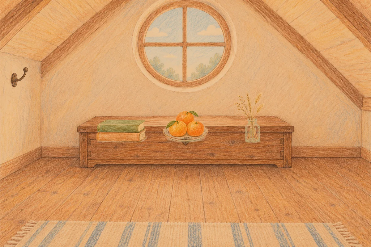 풍납동 여성전용 스웨디시 추천 안내 그림, 저녁의 다락방 나무 궤짝 위에 놓인 책 두 권, 귤이 담긴 접시, 마른 풀을 꽂은 항아리