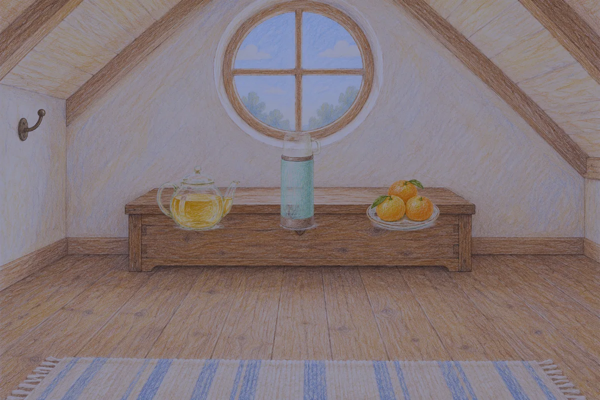 풍납동 여성전용 경락마사지 안내 그림, 밤의 다락방 나무 궤짝 위에 놓인 유리 티포트, 보온병, 귤이 담긴 접시