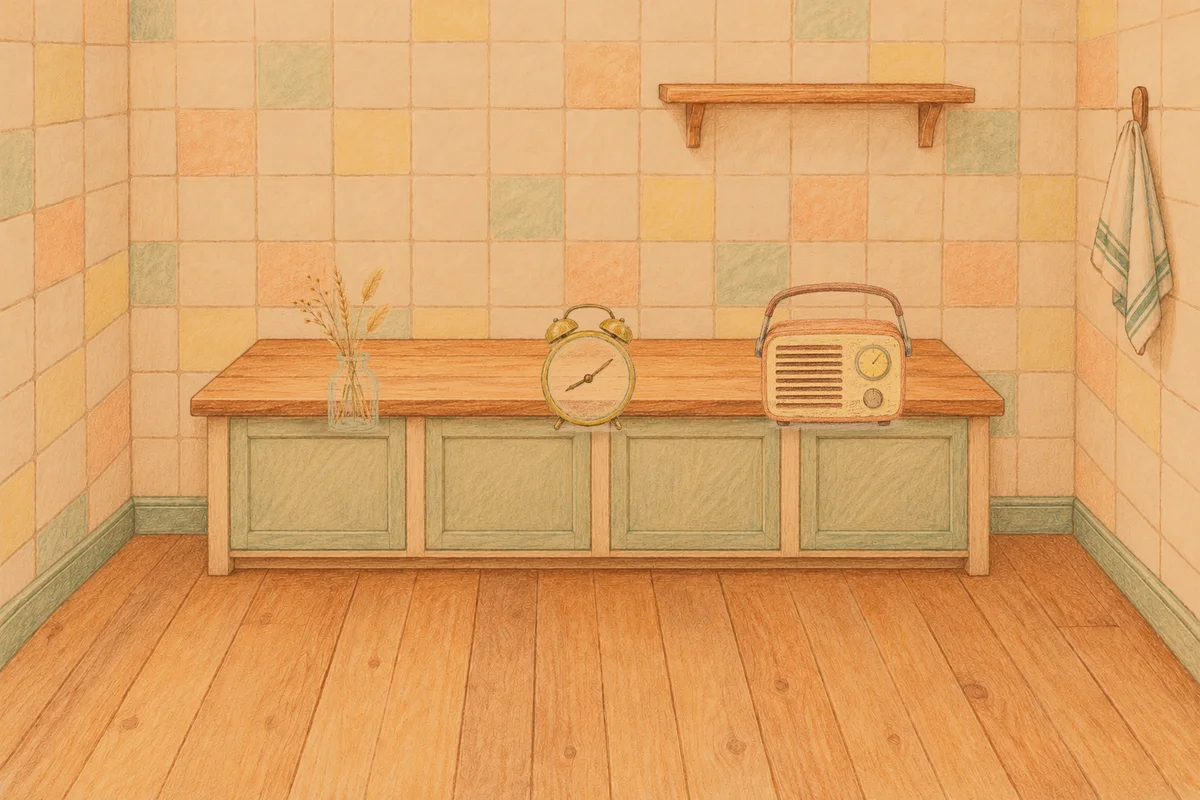 풍납동 여성전용 홈케어 안내 그림, 저녁의 부엌 나무 조리대 위에 놓인 마른 풀을 꽂은 항아리, 둥근 알람시계, 작은 라디오