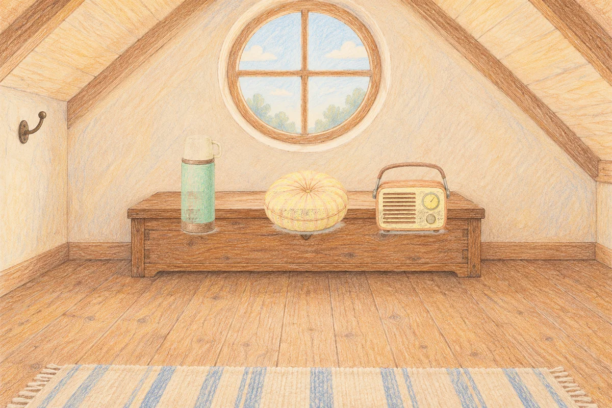 풍납동 여성전용 홈케어 서비스 안내 그림, 낮의 다락방 나무 궤짝 위에 놓인 보온병, 둥근 쿠션, 작은 라디오