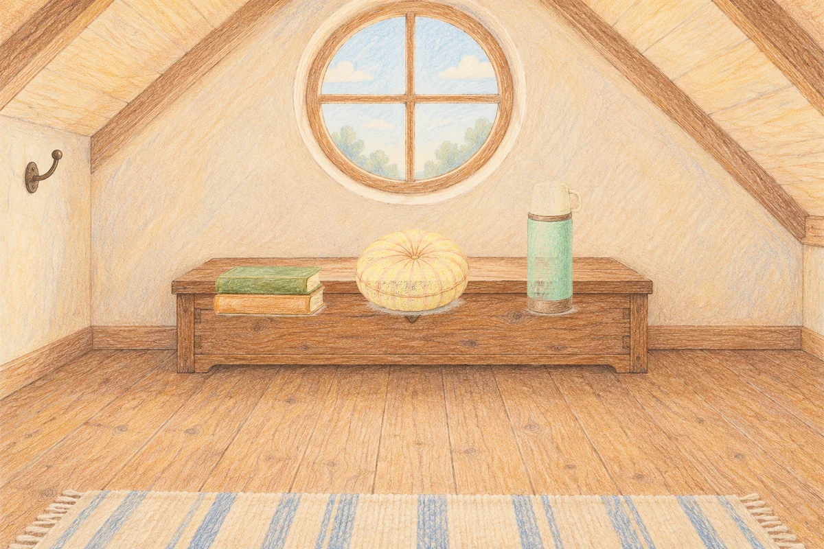 풍납동 여성전용 홈케어 추천 안내 그림, 낮의 다락방 나무 궤짝 위에 놓인 책 두 권, 둥근 쿠션, 보온병