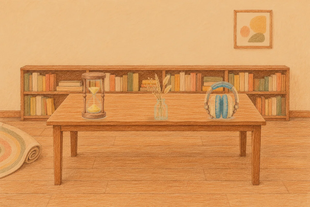 풍납동 여성전용 발관리 안내 그림, 저녁의 서재 긴 책상 위에 놓인 모래시계, 마른 풀을 꽂은 항아리, 헤드폰