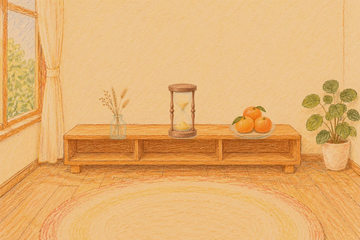 풍납동 여성전용 발 케어 안내 그림, 저녁의 창가 낮은 선반 위에 놓인 마른 풀을 꽂은 항아리, 모래시계, 귤이 담긴 접시