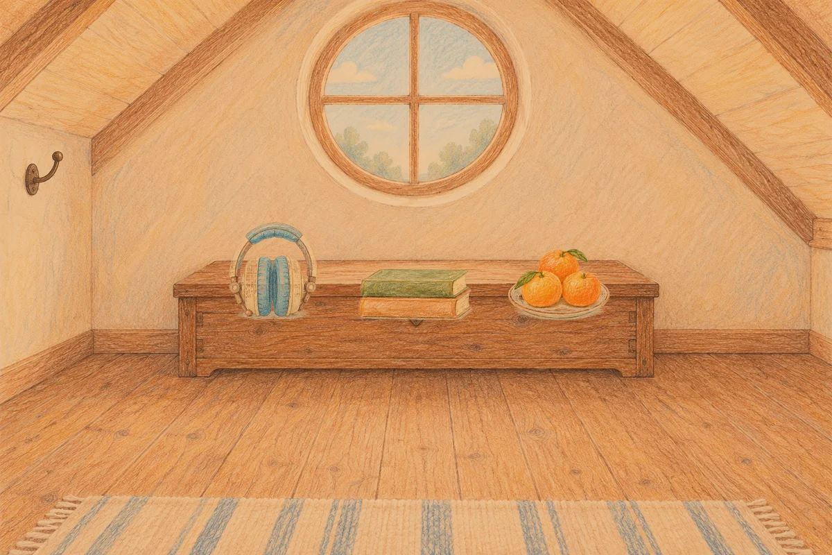 풍납동 여성전용 디톡스 마사지 안내 그림, 저녁의 다락방 나무 궤짝 위에 놓인 헤드폰, 책 두 권, 귤이 담긴 접시