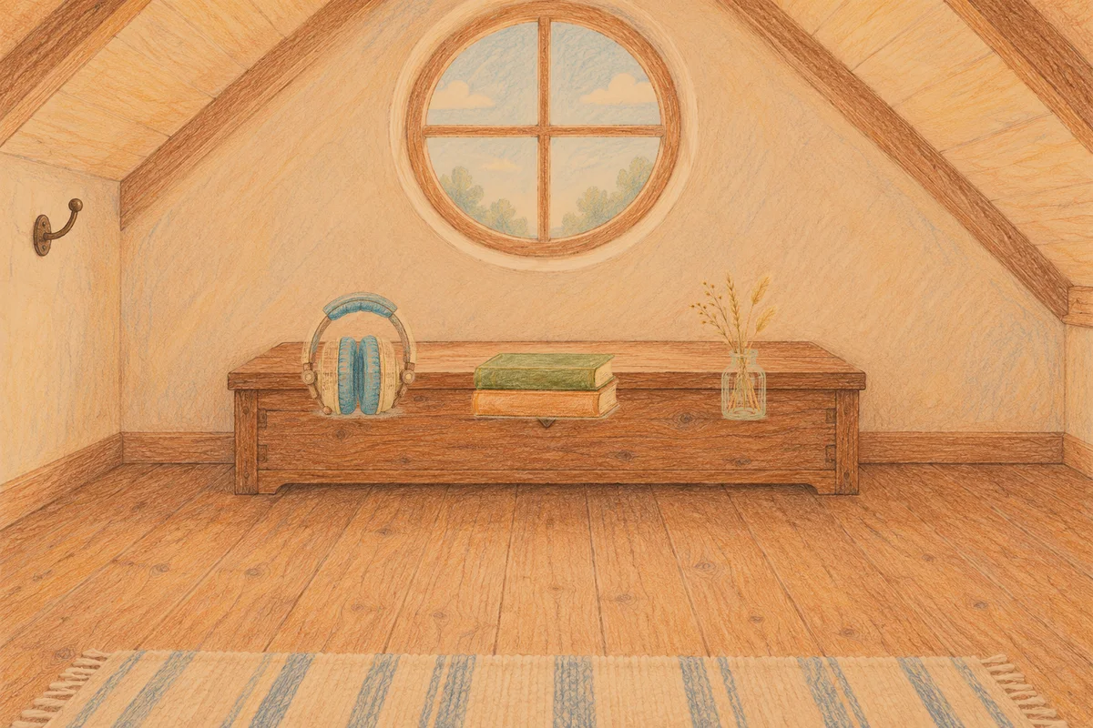 풍납동 여성전용 종아리 케어 안내 그림, 저녁의 다락방 나무 궤짝 위에 놓인 헤드폰, 책 두 권, 마른 풀을 꽂은 항아리