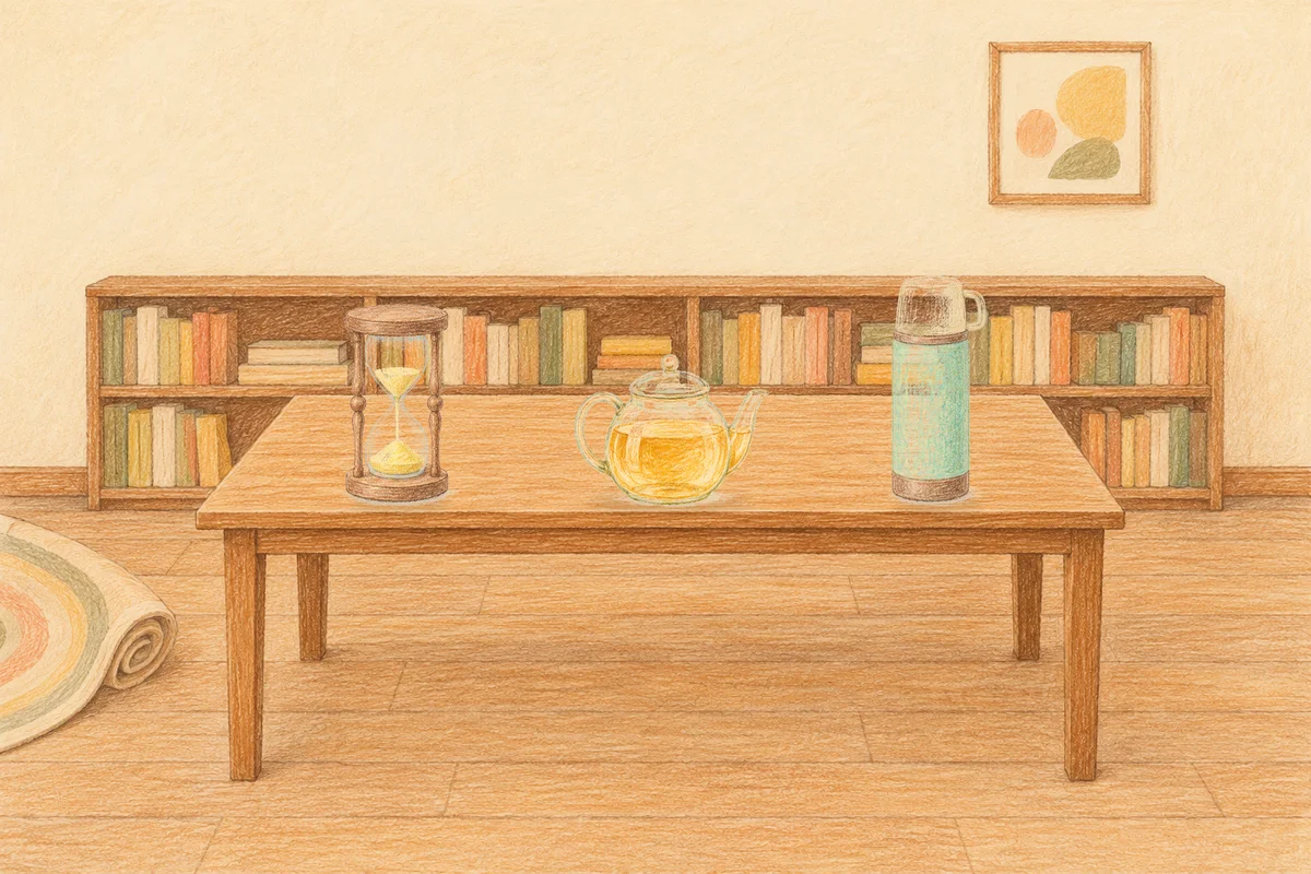 풍납동 여성전용 두피 케어 안내 그림, 낮의 서재 긴 책상 위에 놓인 모래시계, 유리 티포트, 보온병