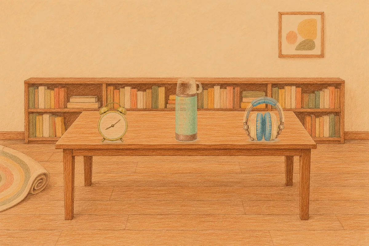 풍납동 여성전용 어깨 마사지 안내 그림, 저녁의 서재 긴 책상 위에 놓인 둥근 알람시계, 보온병, 헤드폰