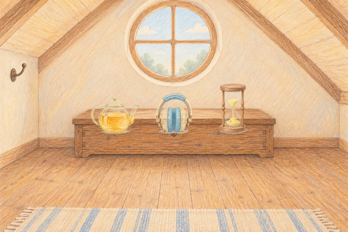 풍납동 여성전용 목 어깨 케어 안내 그림, 낮의 다락방 나무 궤짝 위에 놓인 유리 티포트, 헤드폰, 모래시계