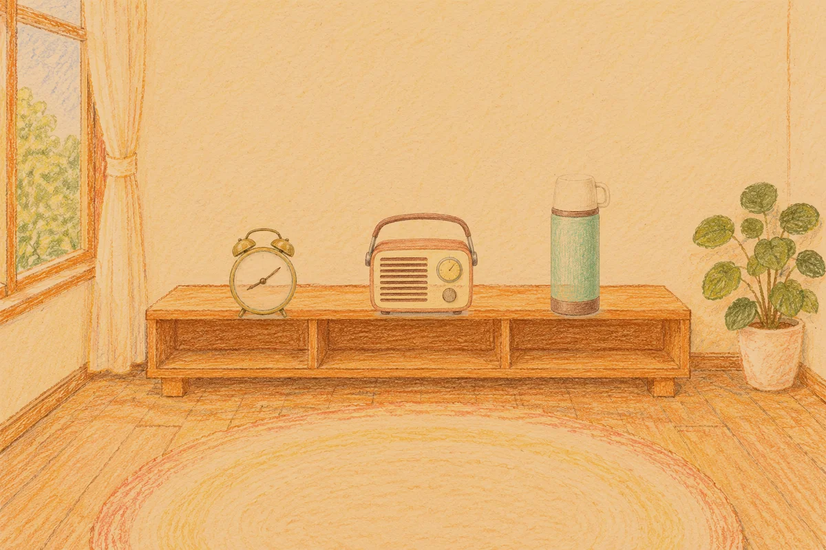 풍납동 여성전용 림프 페이셜 안내 그림, 저녁의 창가 낮은 선반 위에 놓인 둥근 알람시계, 작은 라디오, 보온병