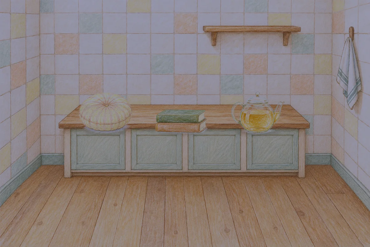 풍납동 여성전용 안티에이징 케어 안내 그림, 밤의 부엌 나무 조리대 위에 놓인 둥근 쿠션, 책 두 권, 유리 티포트
