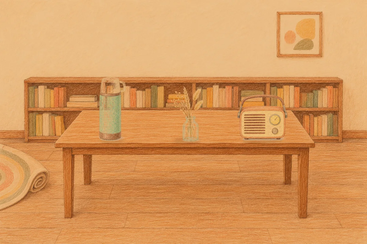 풍납동 여성전용 브라이덜 케어 안내 그림, 저녁의 서재 긴 책상 위에 놓인 보온병, 마른 풀을 꽂은 항아리, 작은 라디오