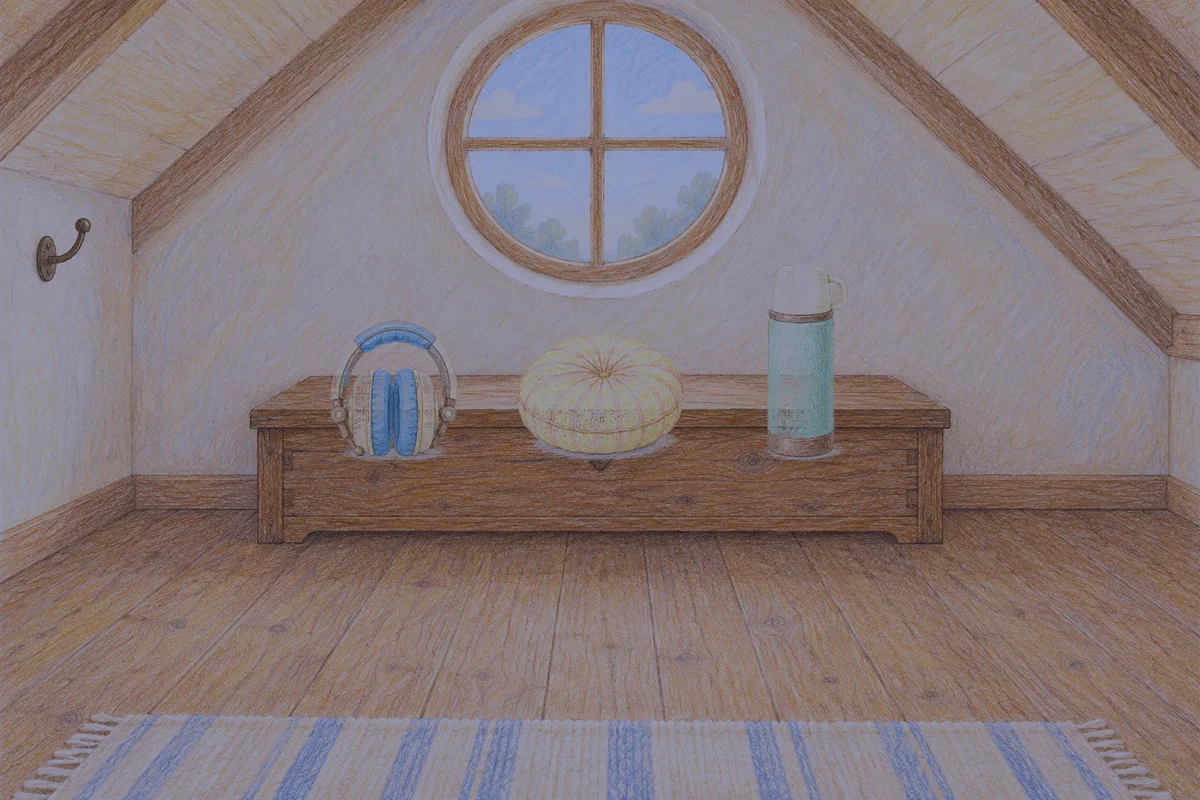풍납동 여성전용 피부 관리 안내 그림, 밤의 다락방 나무 궤짝 위에 놓인 헤드폰, 둥근 쿠션, 보온병
