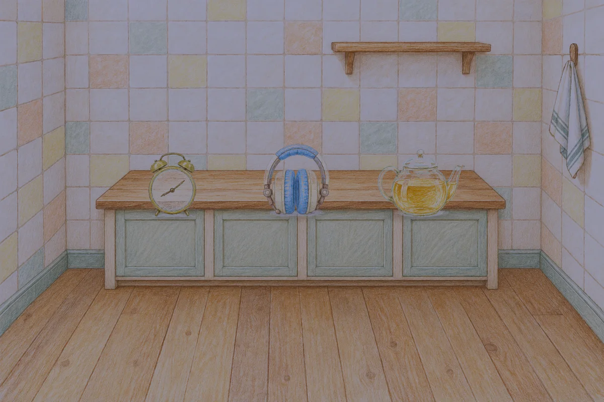 풍납동 여성전용 샵 마사지 안내 그림, 밤의 부엌 나무 조리대 위에 놓인 둥근 알람시계, 헤드폰, 유리 티포트