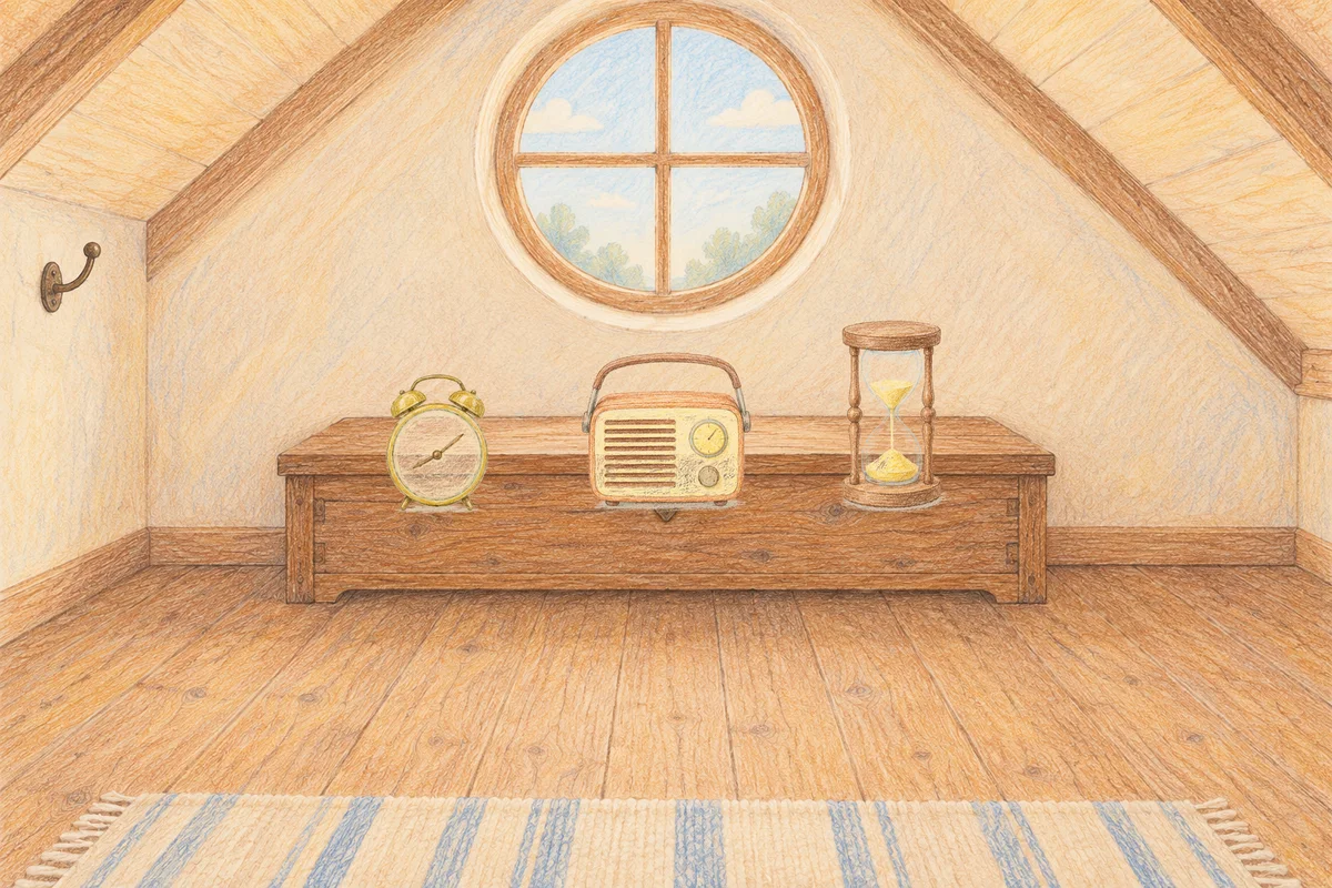 풍납동 여성전용 후기 마사지 안내 그림, 낮의 다락방 나무 궤짝 위에 놓인 둥근 알람시계, 작은 라디오, 모래시계