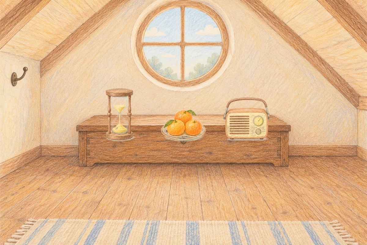 풍납동 여성전용 출장 마사지 후기 안내 그림, 낮의 다락방 나무 궤짝 위에 놓인 모래시계, 귤이 담긴 접시, 작은 라디오