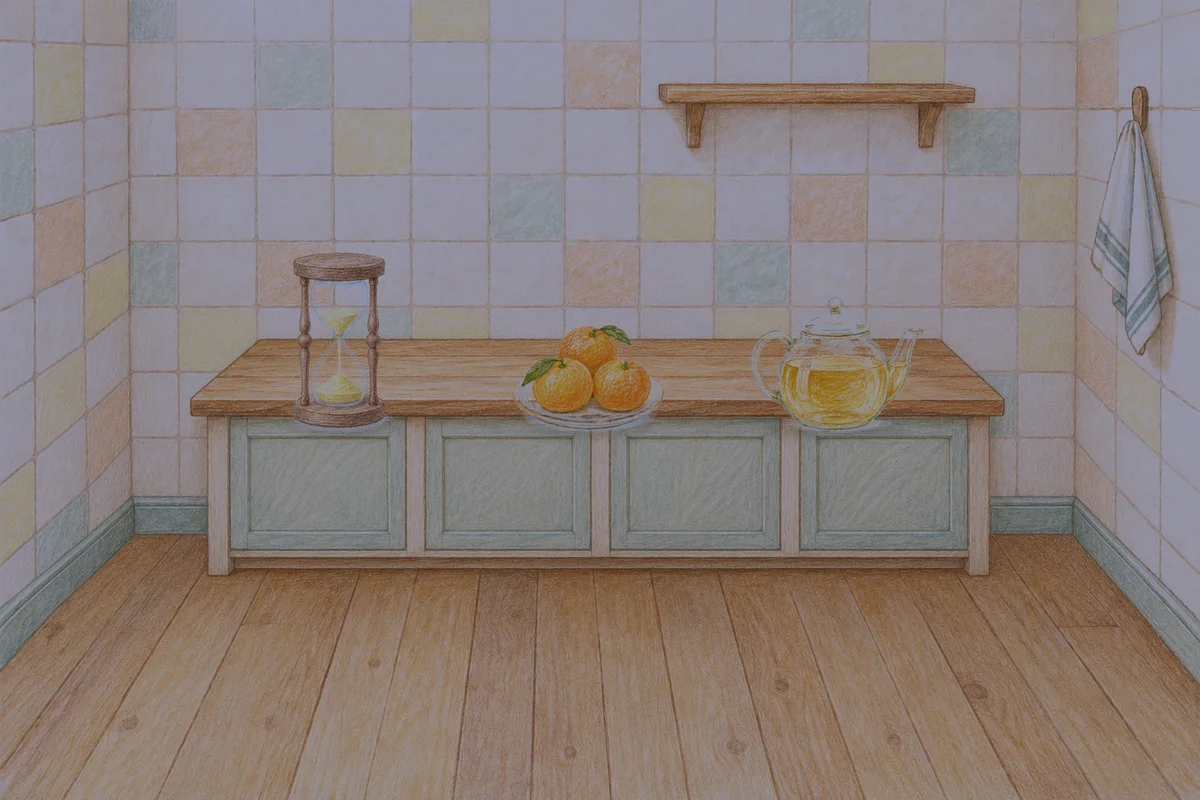 석촌동 여성전용 스웨디시 마사지 안내 그림, 밤의 부엌 나무 조리대 위에 놓인 모래시계, 귤이 담긴 접시, 유리 티포트