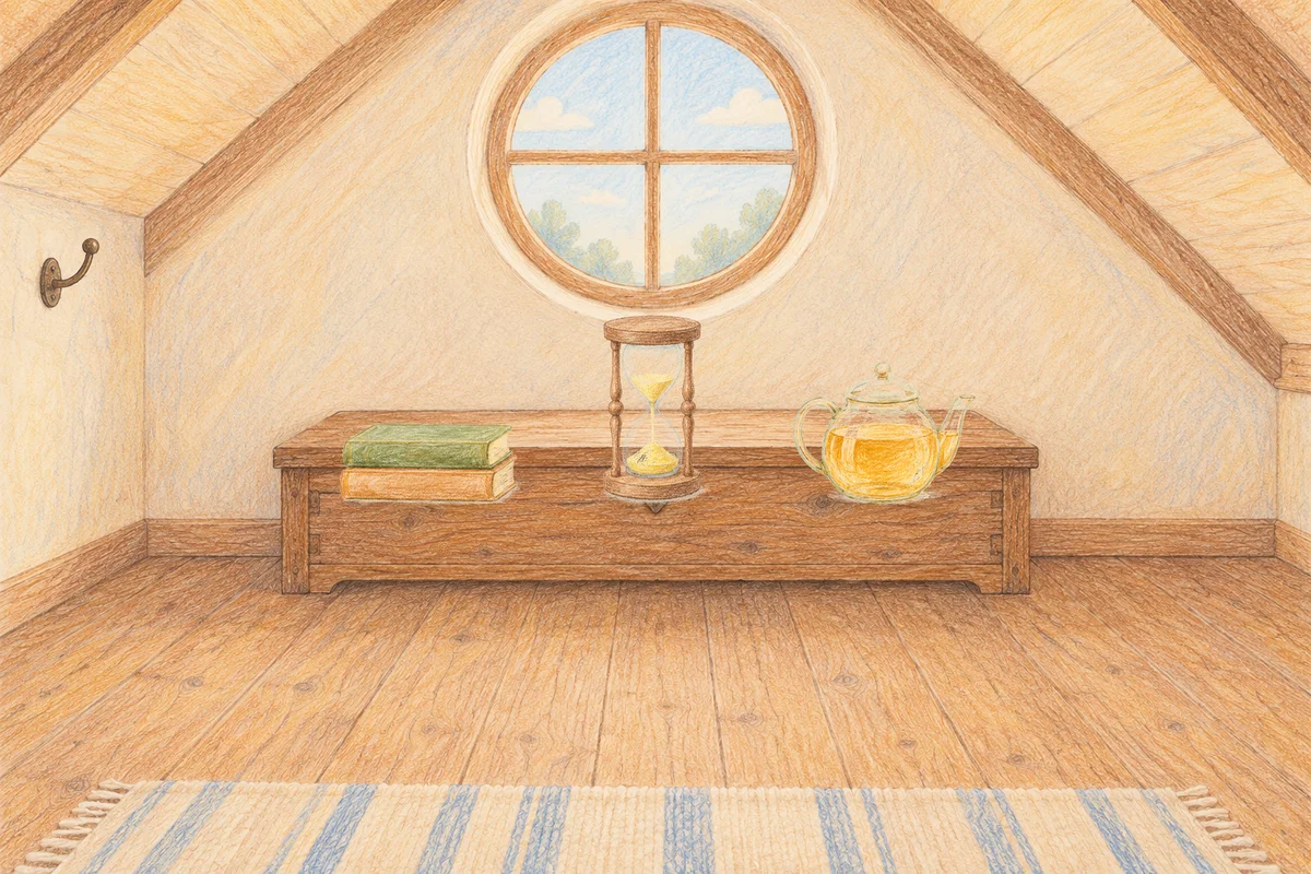 석촌동 여성전용 프리미엄 스웨디시 안내 그림, 낮의 다락방 나무 궤짝 위에 놓인 책 두 권, 모래시계, 유리 티포트