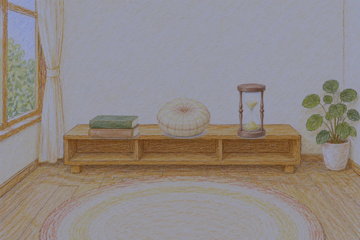 석촌동 여성전용 스웨디시 후기 안내 그림, 밤의 창가 낮은 선반 위에 놓인 책 두 권, 둥근 쿠션, 모래시계