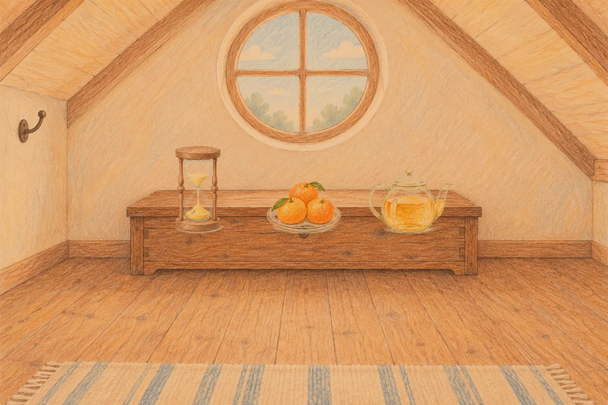 석촌동 여성전용 아로마 마사지 후기 안내 그림, 저녁의 다락방 나무 궤짝 위에 놓인 모래시계, 귤이 담긴 접시, 유리 티포트