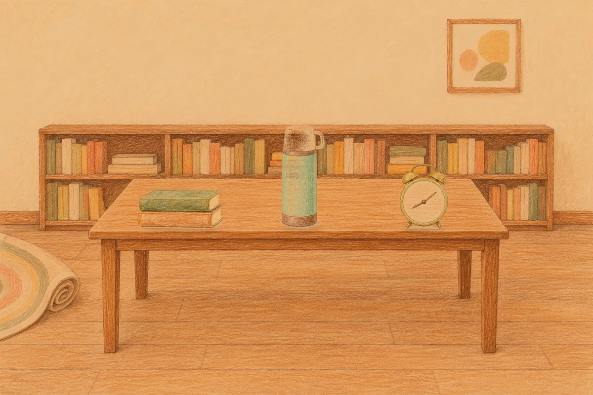 석촌동 여성전용 아로마 가격 안내 그림, 저녁의 서재 긴 책상 위에 놓인 책 두 권, 보온병, 둥근 알람시계