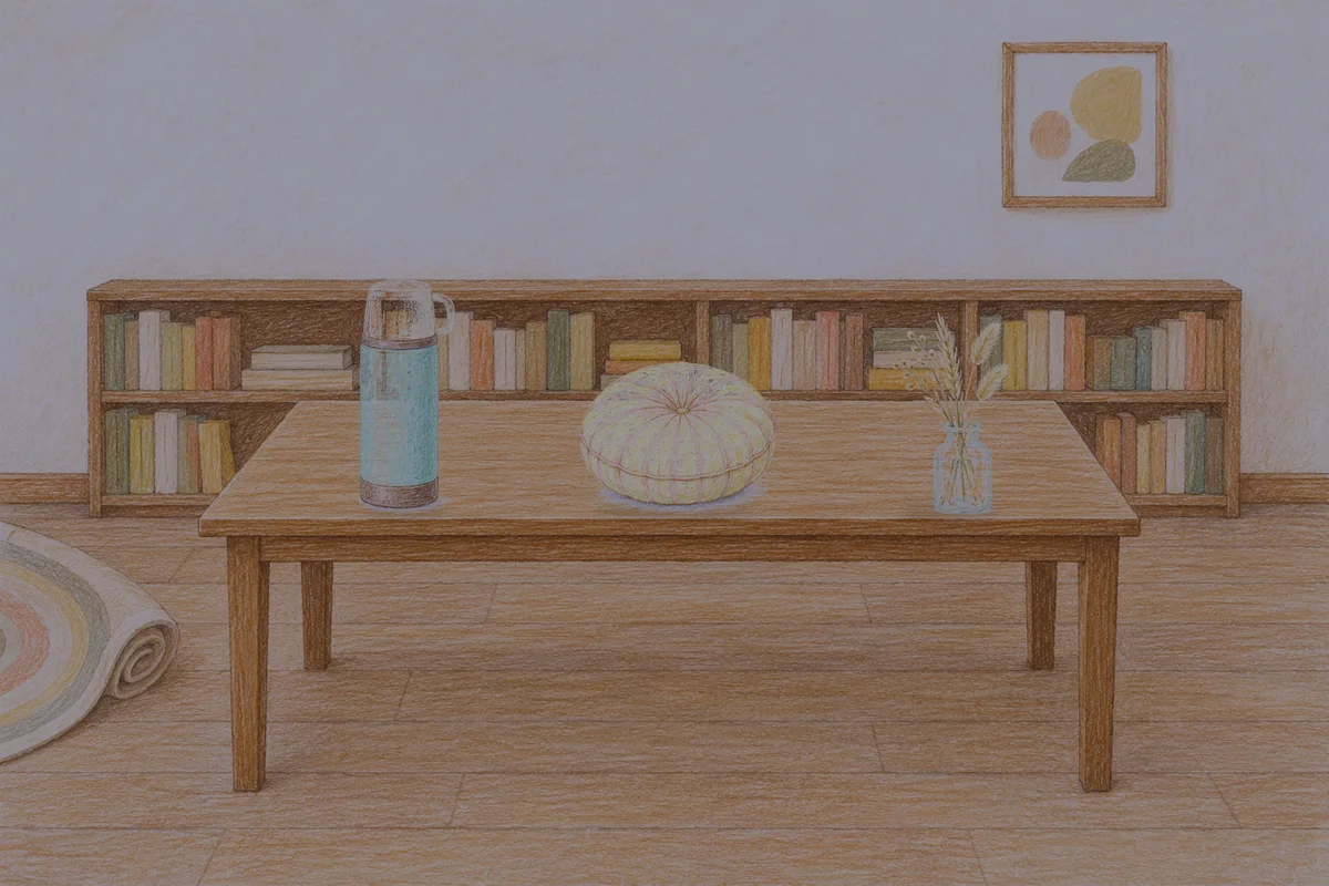 석촌동 여성전용 경락마사지 안내 그림, 밤의 서재 긴 책상 위에 놓인 보온병, 둥근 쿠션, 마른 풀을 꽂은 항아리