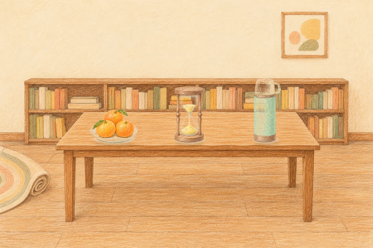 석촌동 여성전용 경락 케어 안내 그림, 낮의 서재 긴 책상 위에 놓인 귤이 담긴 접시, 모래시계, 보온병