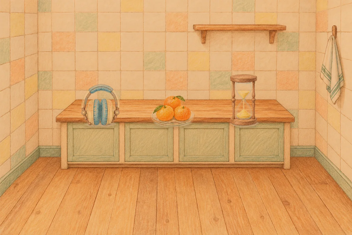 석촌동 여성전용 바디 경락 안내 그림, 저녁의 부엌 나무 조리대 위에 놓인 헤드폰, 귤이 담긴 접시, 모래시계