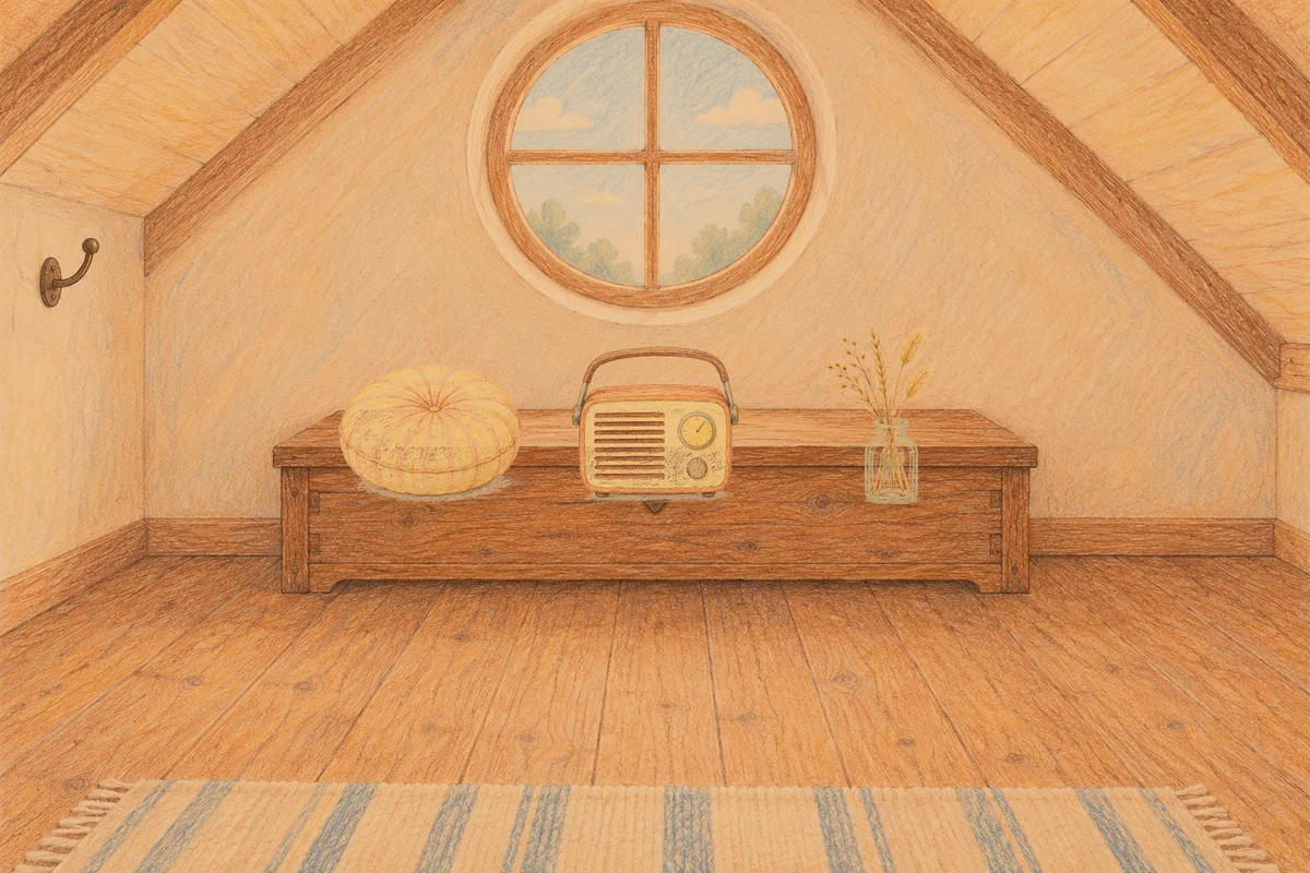석촌동 여성전용 경락마사지 후기 안내 그림, 저녁의 다락방 나무 궤짝 위에 놓인 둥근 쿠션, 작은 라디오, 마른 풀을 꽂은 항아리