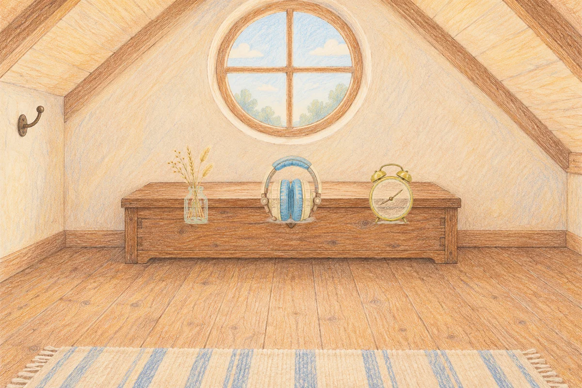 석촌동 여성전용 경락 가격 안내 그림, 낮의 다락방 나무 궤짝 위에 놓인 마른 풀을 꽂은 항아리, 헤드폰, 둥근 알람시계