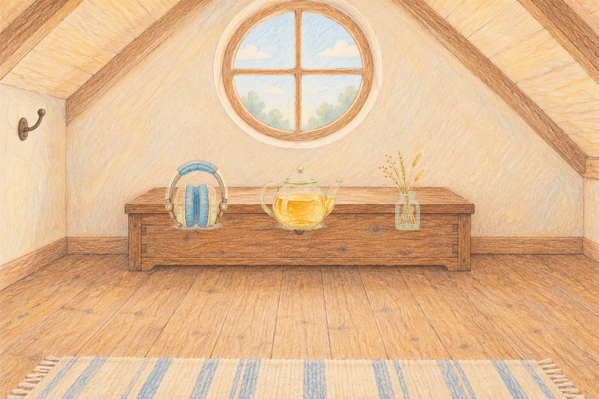 석촌동 여성전용 경락 추천 안내 그림, 낮의 다락방 나무 궤짝 위에 놓인 헤드폰, 유리 티포트, 마른 풀을 꽂은 항아리