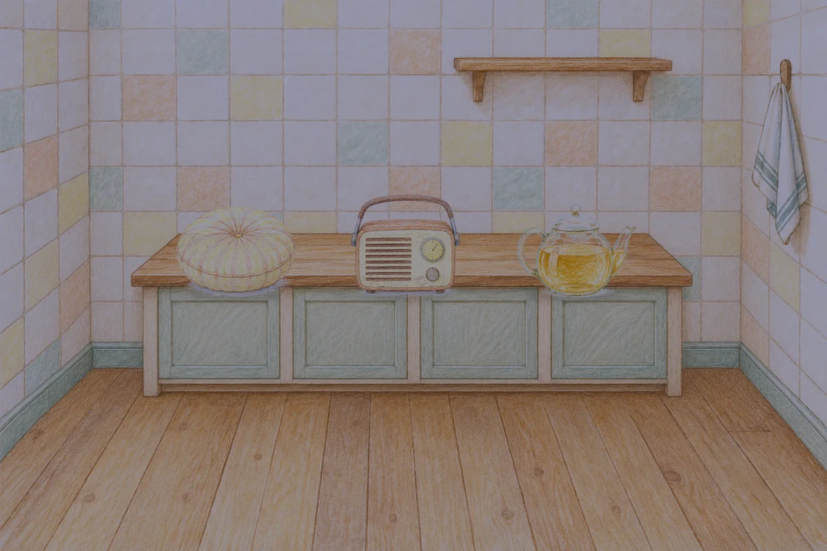 석촌동 여성전용 홈케어 서비스 안내 그림, 밤의 부엌 나무 조리대 위에 놓인 둥근 쿠션, 작은 라디오, 유리 티포트