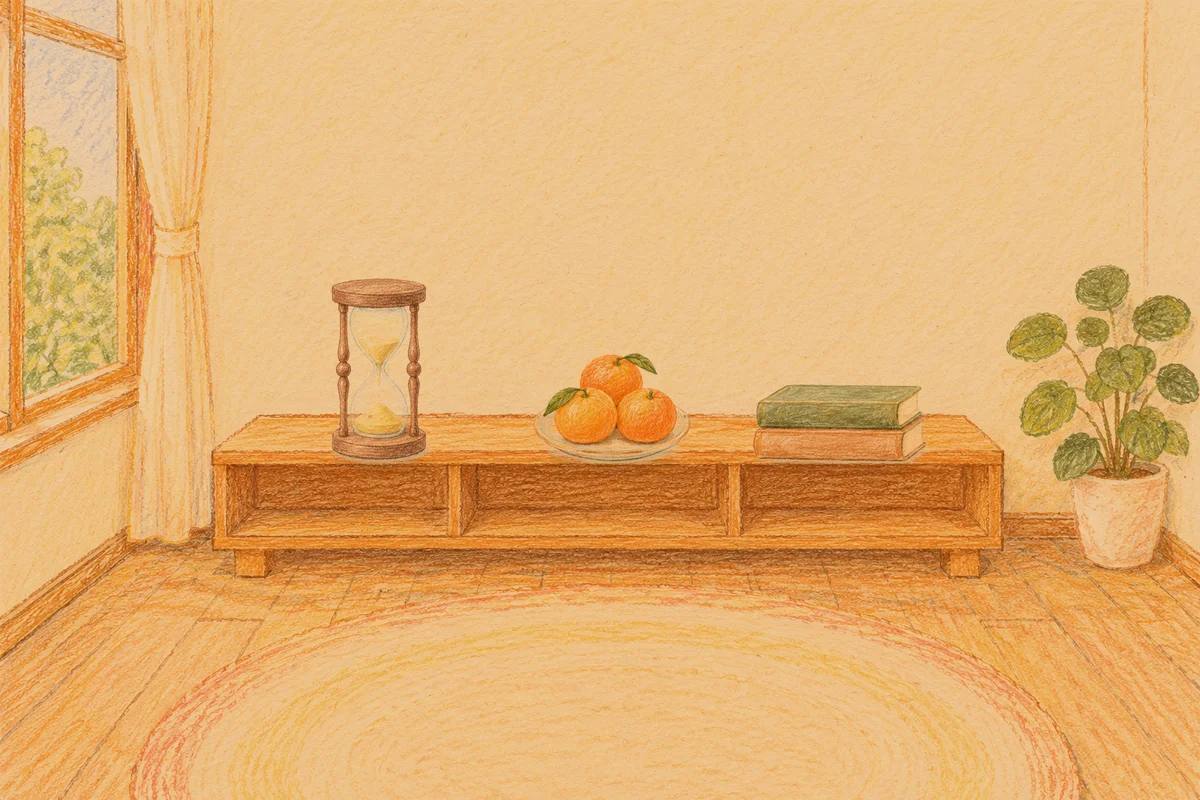 석촌동 여성전용 프라이빗 케어 안내 그림, 저녁의 창가 낮은 선반 위에 놓인 모래시계, 귤이 담긴 접시, 책 두 권