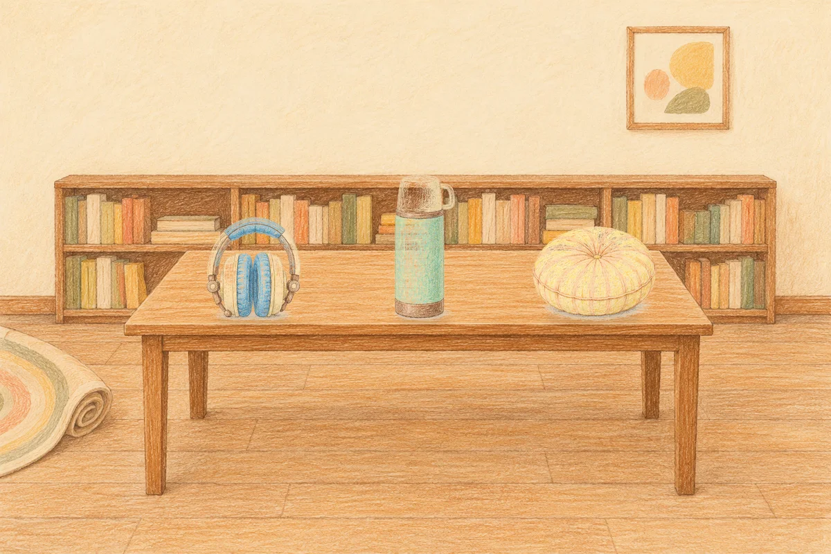 석촌동 여성전용 홈케어 추천 안내 그림, 낮의 서재 긴 책상 위에 놓인 헤드폰, 보온병, 둥근 쿠션