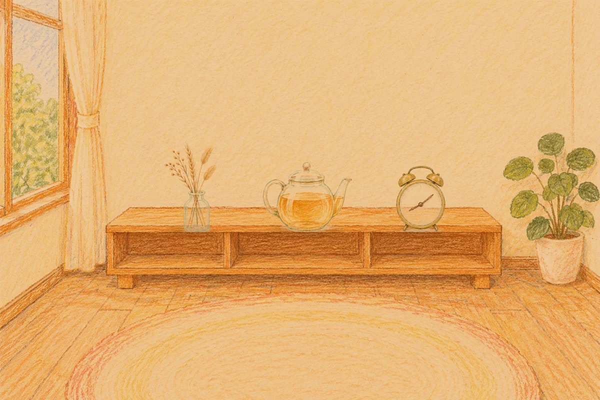 석촌동 여성전용 발 케어 안내 그림, 저녁의 창가 낮은 선반 위에 놓인 마른 풀을 꽂은 항아리, 유리 티포트, 둥근 알람시계