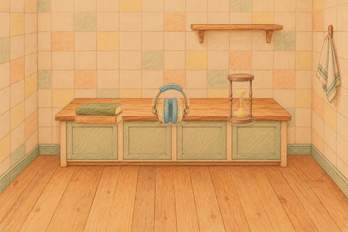 석촌동 여성전용 발관리 후기 안내 그림, 저녁의 부엌 나무 조리대 위에 놓인 책 두 권, 헤드폰, 모래시계