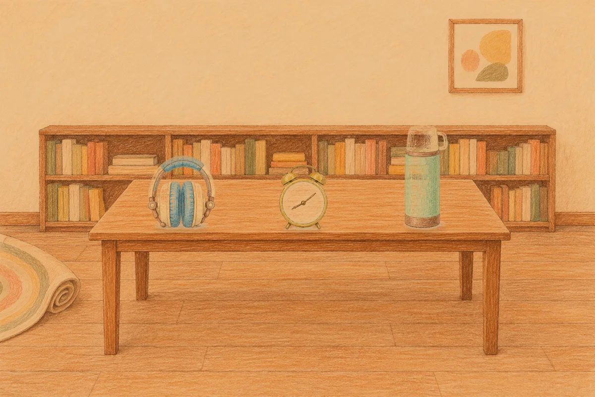 석촌동 여성전용 발관리 추천 안내 그림, 저녁의 서재 긴 책상 위에 놓인 헤드폰, 둥근 알람시계, 보온병