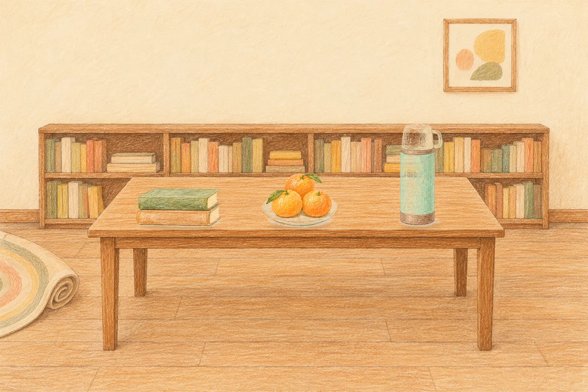 석촌동 여성전용 림프 마사지 안내 그림, 낮의 서재 긴 책상 위에 놓인 책 두 권, 귤이 담긴 접시, 보온병