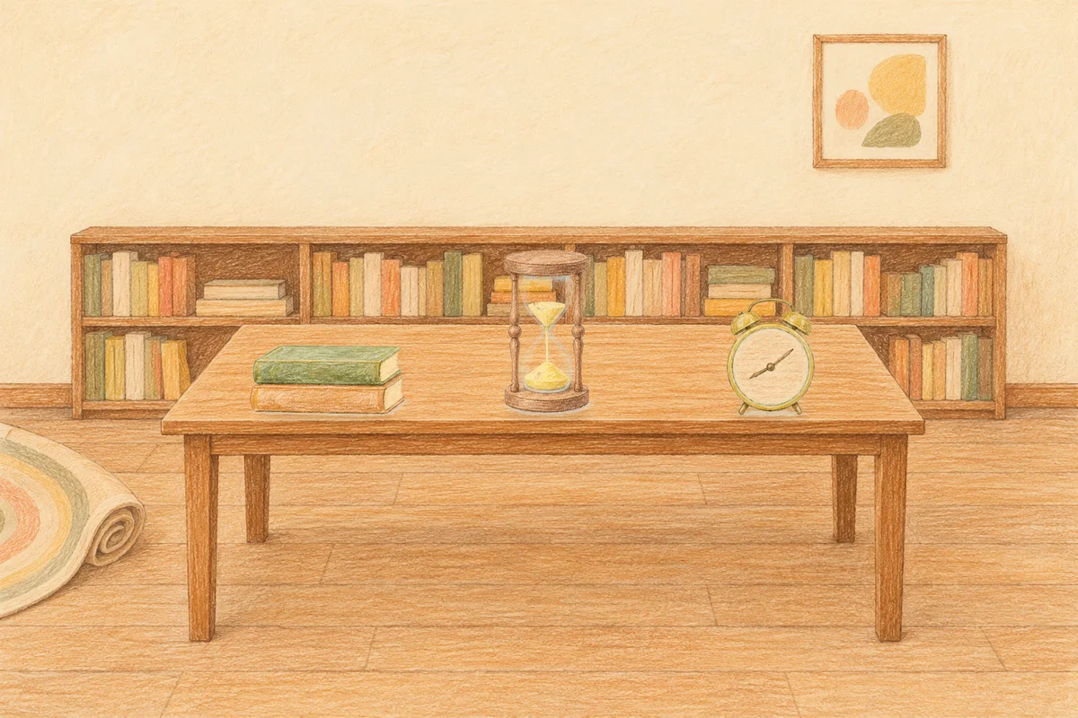 석촌동 여성전용 부종 케어 안내 그림, 낮의 서재 긴 책상 위에 놓인 책 두 권, 모래시계, 둥근 알람시계