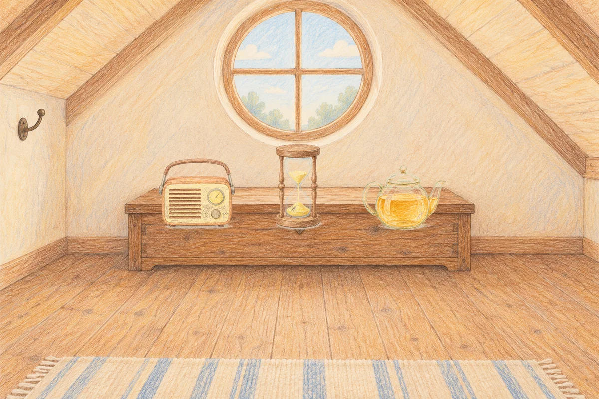 석촌동 여성전용 셀룰라이트 관리 안내 그림, 낮의 다락방 나무 궤짝 위에 놓인 작은 라디오, 모래시계, 유리 티포트