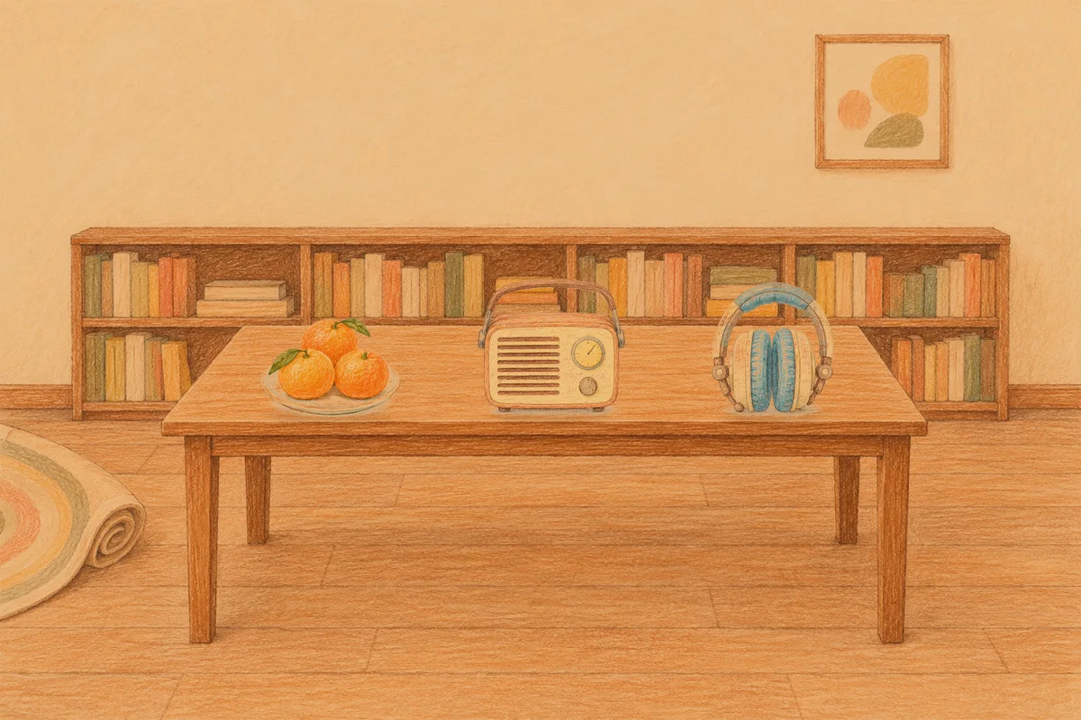 석촌동 여성전용 디톡스 마사지 안내 그림, 저녁의 서재 긴 책상 위에 놓인 귤이 담긴 접시, 작은 라디오, 헤드폰