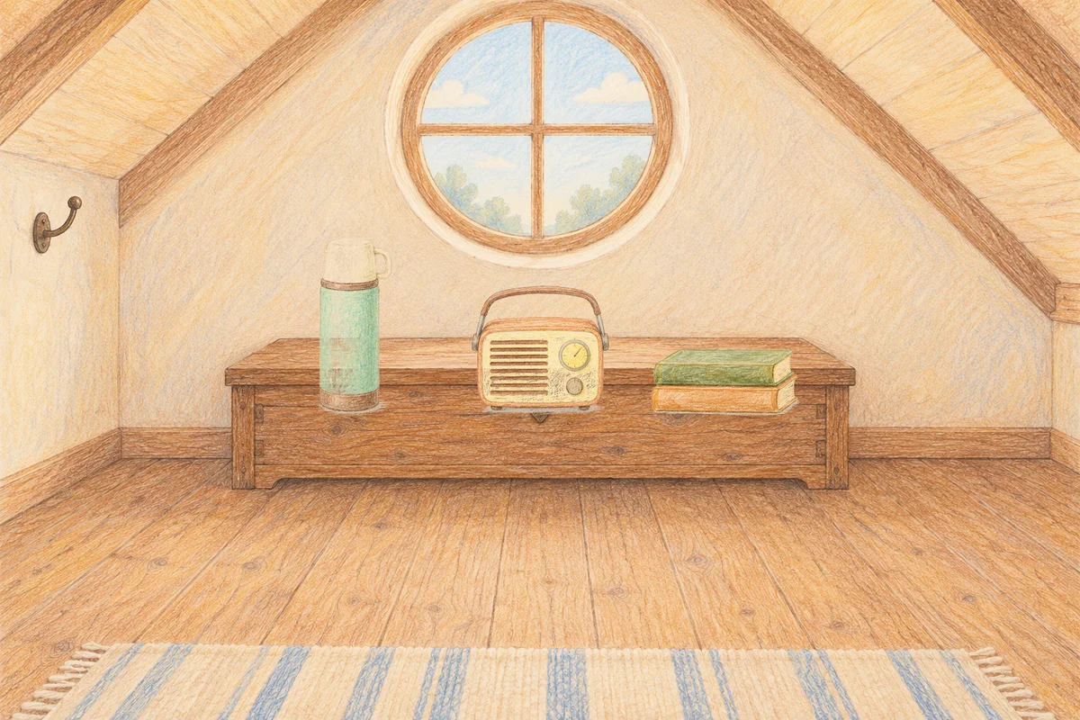 석촌동 여성전용 다이어트 마사지 안내 그림, 낮의 다락방 나무 궤짝 위에 놓인 보온병, 작은 라디오, 책 두 권