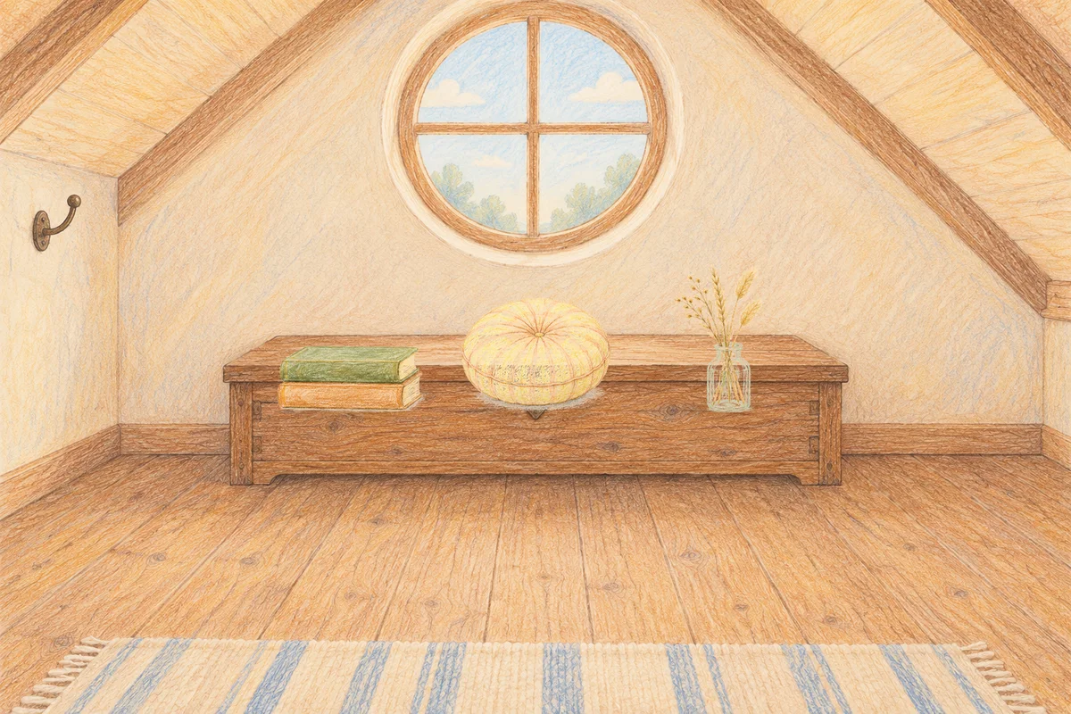 석촌동 여성전용 두피 케어 안내 그림, 낮의 다락방 나무 궤짝 위에 놓인 책 두 권, 둥근 쿠션, 마른 풀을 꽂은 항아리