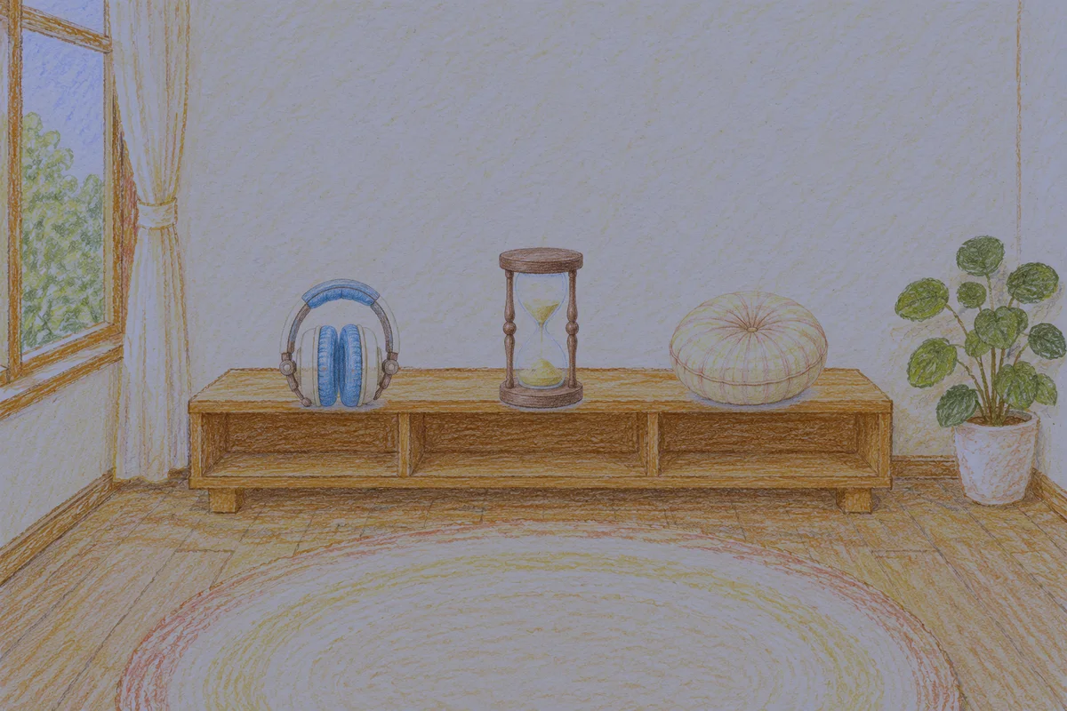 석촌동 여성전용 두통 완화 마사지 안내 그림, 밤의 창가 낮은 선반 위에 놓인 헤드폰, 모래시계, 둥근 쿠션