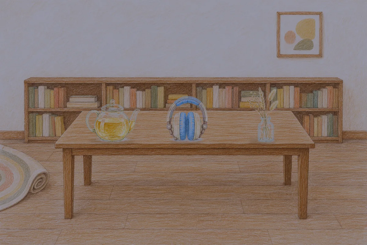 석촌동 여성전용 스트레스 케어 안내 그림, 밤의 서재 긴 책상 위에 놓인 유리 티포트, 헤드폰, 마른 풀을 꽂은 항아리