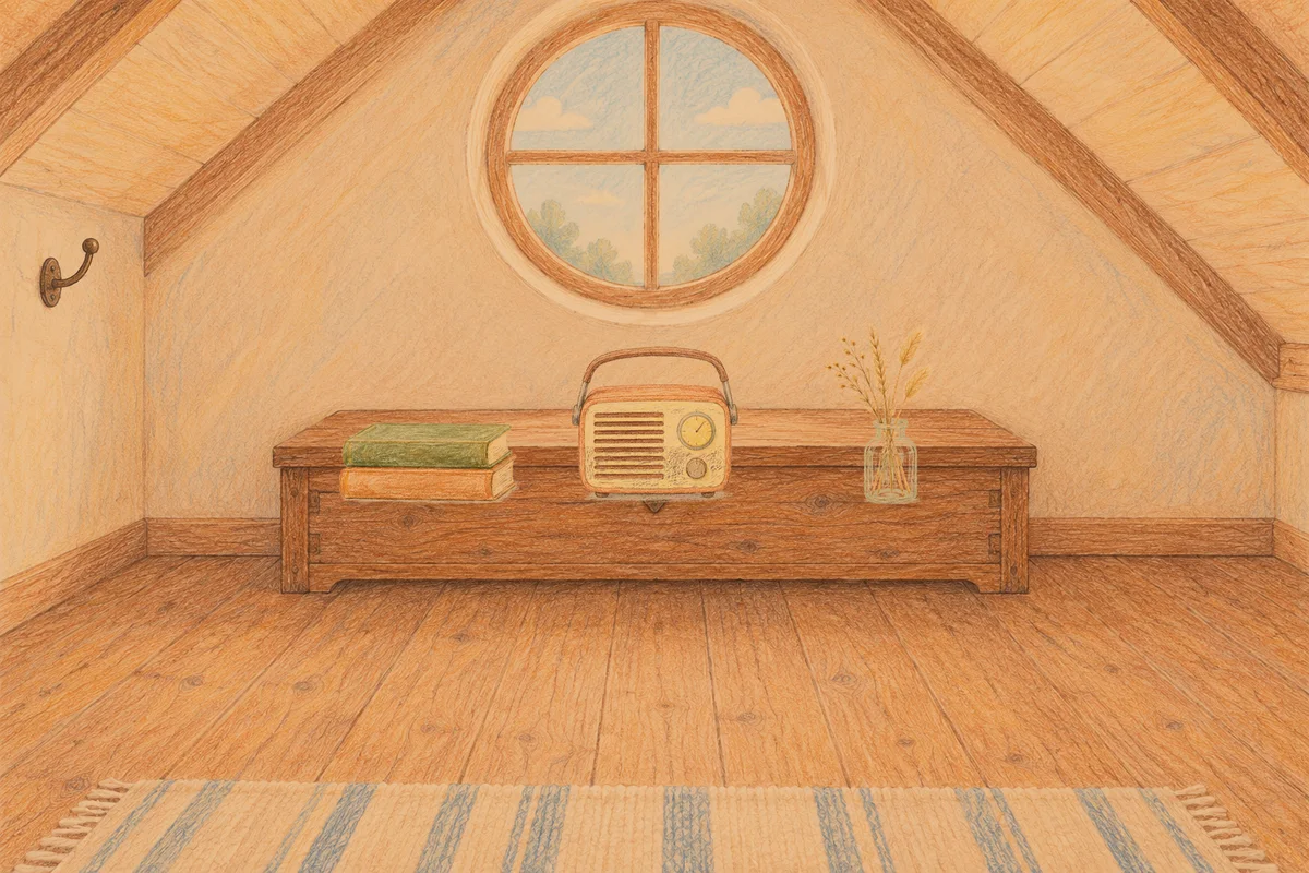 석촌동 여성전용 페이셜 마사지 안내 그림, 저녁의 다락방 나무 궤짝 위에 놓인 책 두 권, 작은 라디오, 마른 풀을 꽂은 항아리