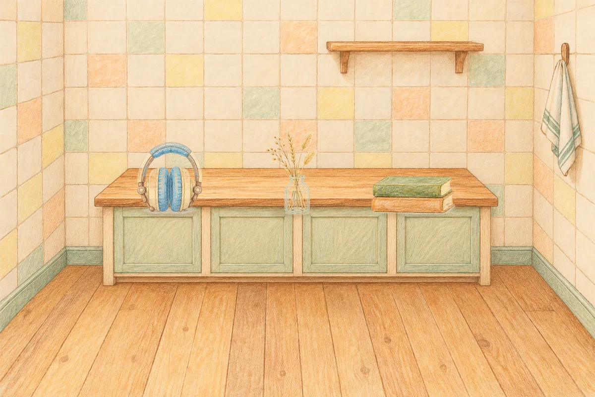 석촌동 여성전용 브라이덜 케어 안내 그림, 낮의 부엌 나무 조리대 위에 놓인 헤드폰, 마른 풀을 꽂은 항아리, 책 두 권