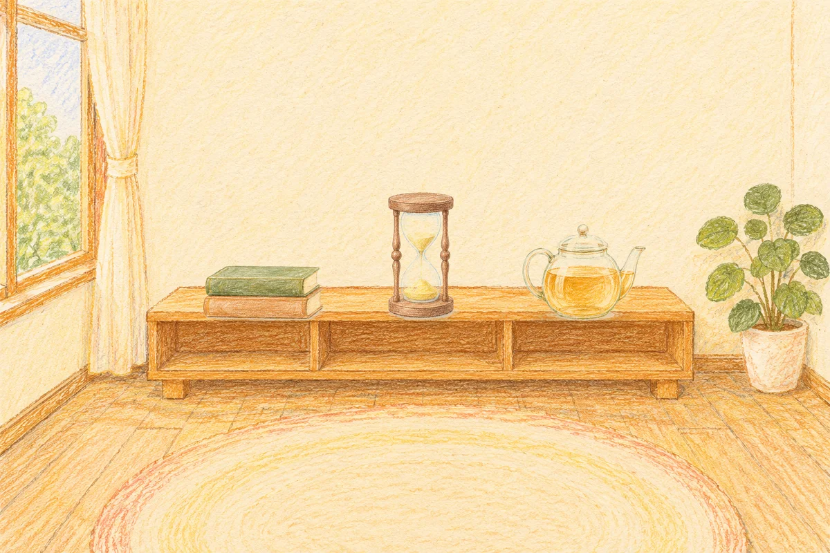 석촌동 여성전용 예약 마사지 안내 그림, 낮의 창가 낮은 선반 위에 놓인 책 두 권, 모래시계, 유리 티포트